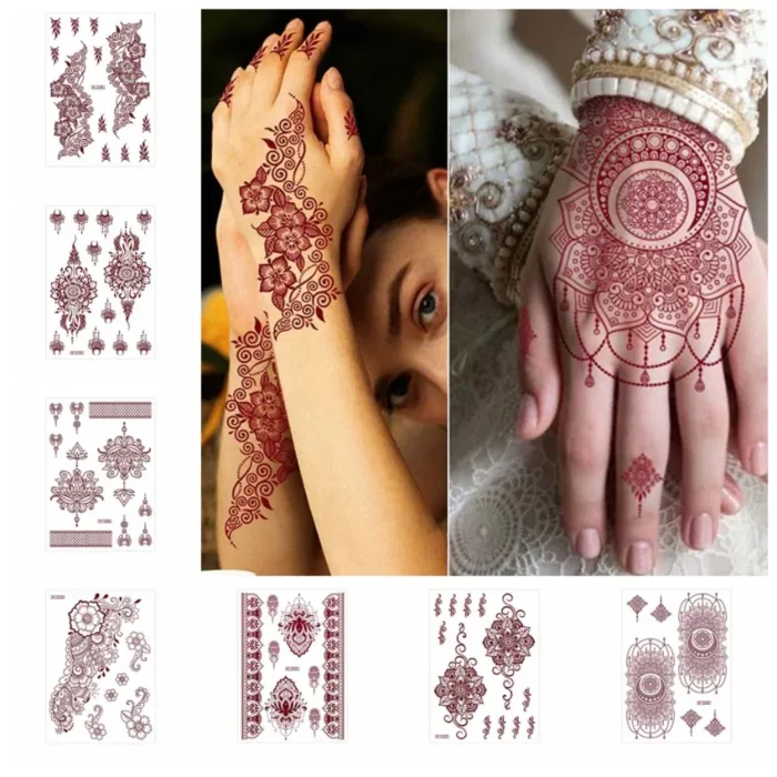 Red Lace Henna Tattoo Sexy Maroon Tattoo Stickers Waterproof India Mehndi Design Temporary Tattoos Finger Hand Tattoo for Women - Image 4