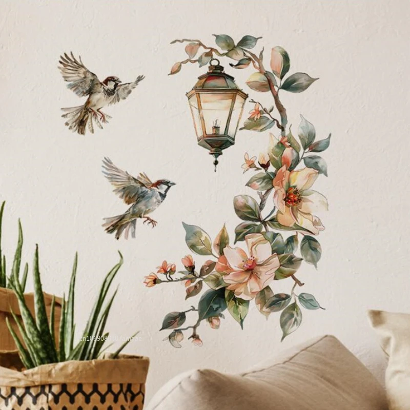 Sd0e54c01200b4f6b8a3c7fe5dd5a2b58s.webp Colorful Flower Pendant Lamp Bird Wall Sticker for Bedroom Living Room Entrance Home Background Decor Self-adhesive Wall Art - Image 1