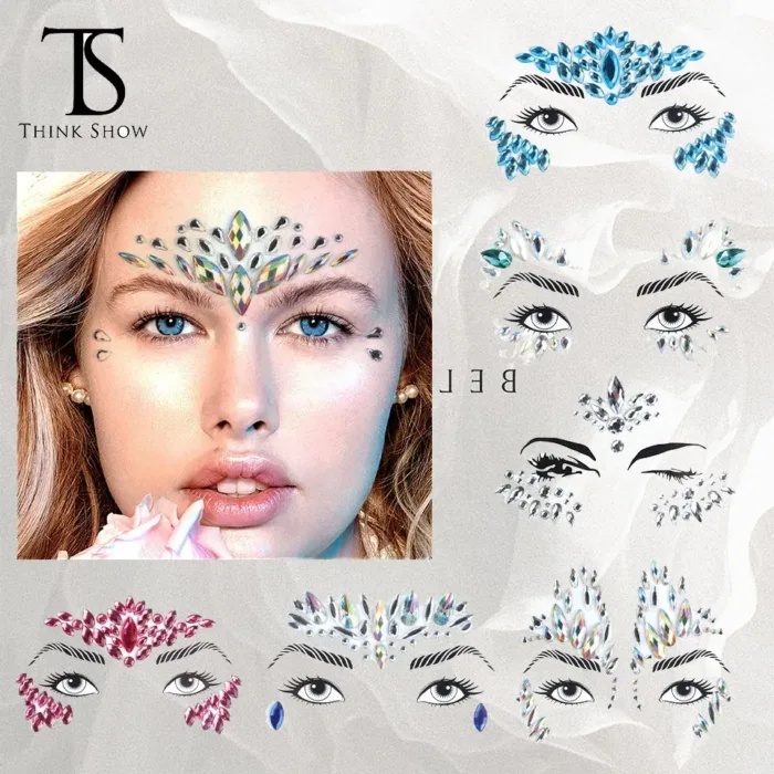 3D Sexy Face Tattoo Stickers Shiny Face Decoration Glitter Fake Tattoo Rhinestones Trendy Acrylic Drill Temporary Tattoo Sticker - Image 1