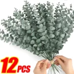 12/10PCS Eucalyptus Leaves Bunch Branch Artificial Plastic Plants Leaves Green Stems Wedding Faux Fake Flowers Cake DIY Decor