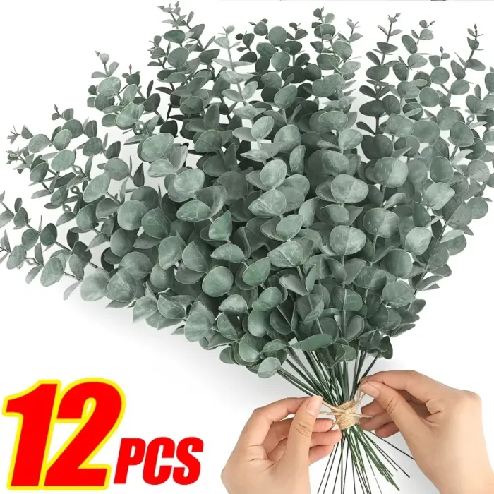 12/10PCS Eucalyptus Leaves Bunch Branch Artificial Plastic Plants Leaves Green Stems Wedding Faux Fake Flowers Cake DIY Decor - Image 1