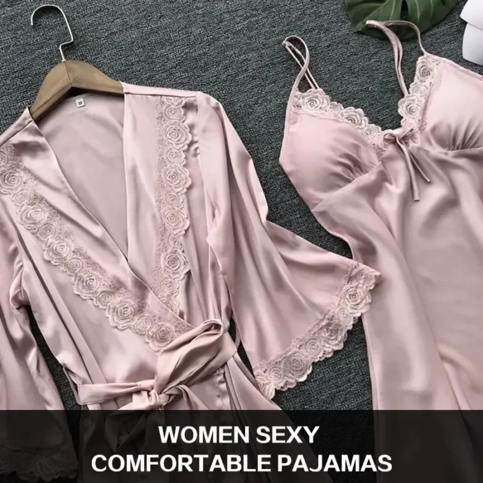 2PCS Leepwear Female Pajamas Set Satin Home Pyjamamas Lace Robe Sleep Suit V-Neck Wedding Nightwear Wear Nighty&Rob - Image 3