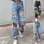 Hole Korean Oversize Streetwear Pants Ladies Hollow Out Ripped Straight Jeans Blue Punk Baggy High Waist Mom Boyfriend Denim - Image 3