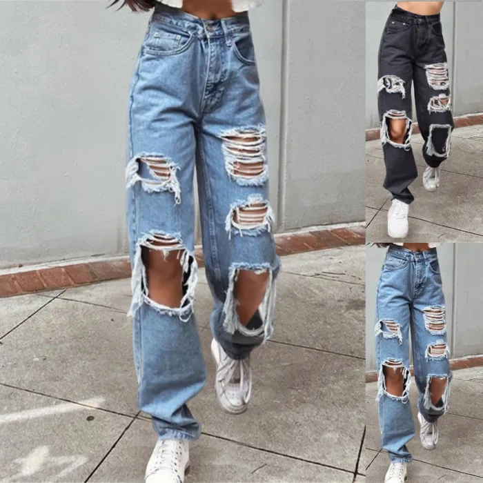Hole Korean Oversize Streetwear Pants Ladies Hollow Out Ripped Straight Jeans Blue Punk Baggy High Waist Mom Boyfriend Denim - Image 3