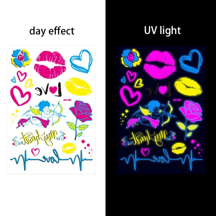 Luminous Temporary Tattoos Stickers Fluorescent Neon In Dark Illuminate Tattoo Elephant/Love Heart Shoulder Tattoo Party Sticker - Image 18
