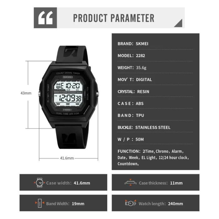 SKMEI Fashion Digital Sport Electronic Watches For Men Women 5Bar Waterproof Stopwatch Countdown Wristwatches Clock Reloj Hombre - Image 6