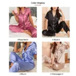 Women's Pajama Pocket Heart Embroidered Pajama Set Satin Comfortable Short Sleeve Button Pajama Lounge Pant For Women Sleepwear - Image 4