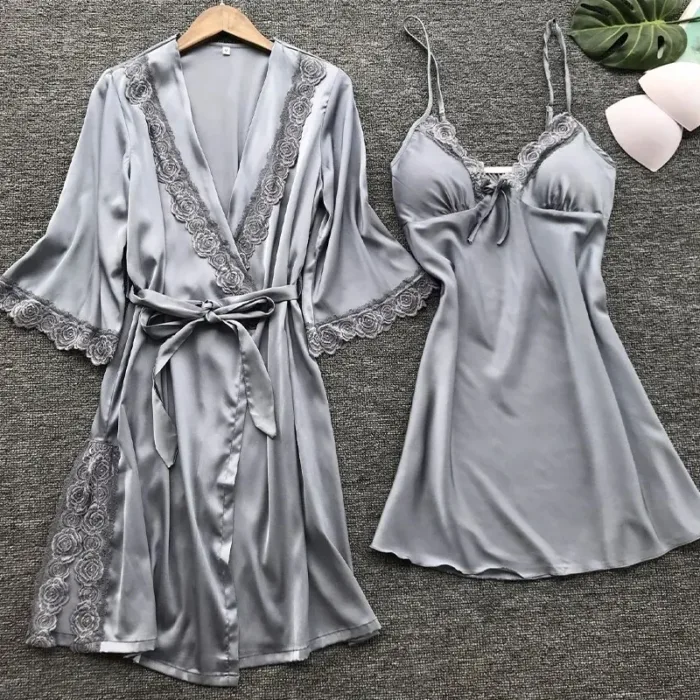 2PCS Leepwear Female Pajamas Set Satin Home Pyjamamas Lace Robe Sleep Suit V-Neck Wedding Nightwear Wear Nighty&Rob - Image 2