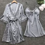 2PCS Leepwear Female Pajamas Set Satin Home Pyjamamas Lace Robe Sleep Suit V-Neck Wedding Nightwear Wear Nighty&Rob - Image 2