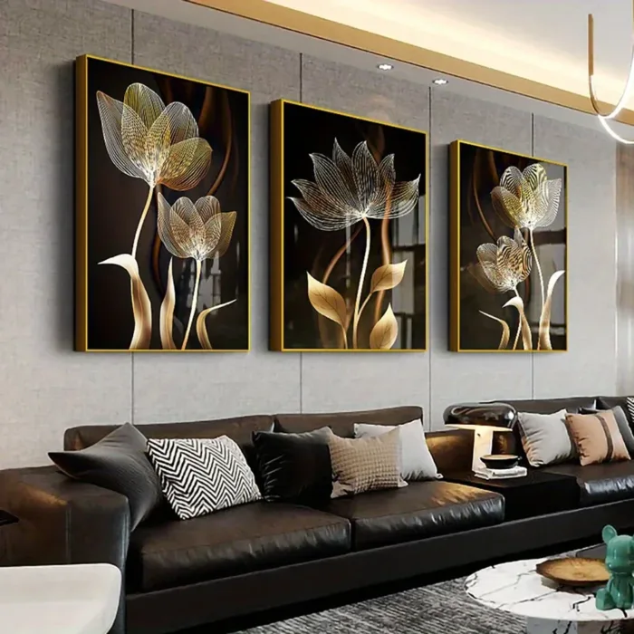 3 PCS Black and Gold Flower Wall Art Canvas Painting Living Room Decor Modern Abstract Poster Home Decor - Image 3