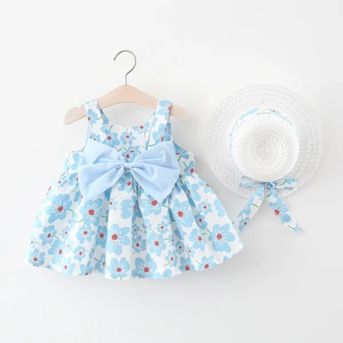 2Piece Summer Clothes Baby Girl Beach Dresses Casual Fashion Print Cute Bow Flower Princess Dress+Hat Newborn Clothing Set BC171 - Image 2