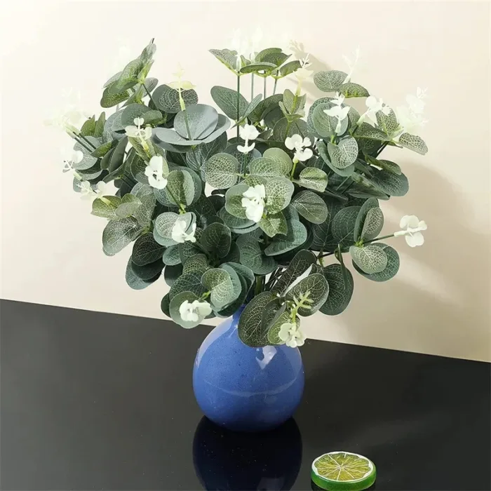 10pcs Eucalyptus Leaves Bunch Branch Artificial Plastic Plants Leaves Green Stems Wedding Faux Fake Flowers Cake DIY Decor - Image 3