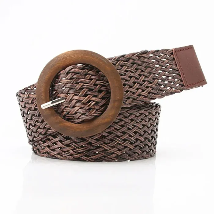 Braided Waist Belt Black Coffee Female Belt Vintage Boho Round Wooden Smooth Buckle Fake Straw Wide Belts Waist Strap For Women - Image 11