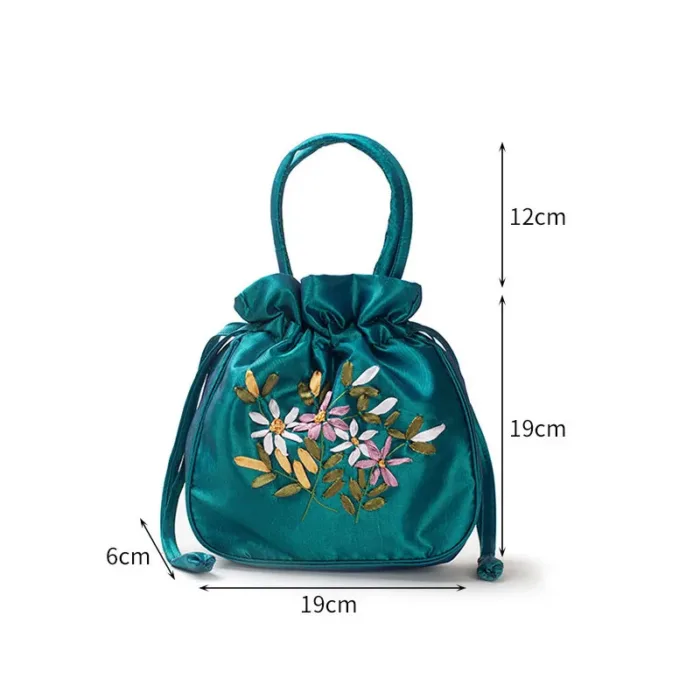 Small Women Bucket Bag Top Handle Ladies Handbag Phone Bag Summer Purse National Style Embroidered Flower Pattern Drawstring Bag - Image 6