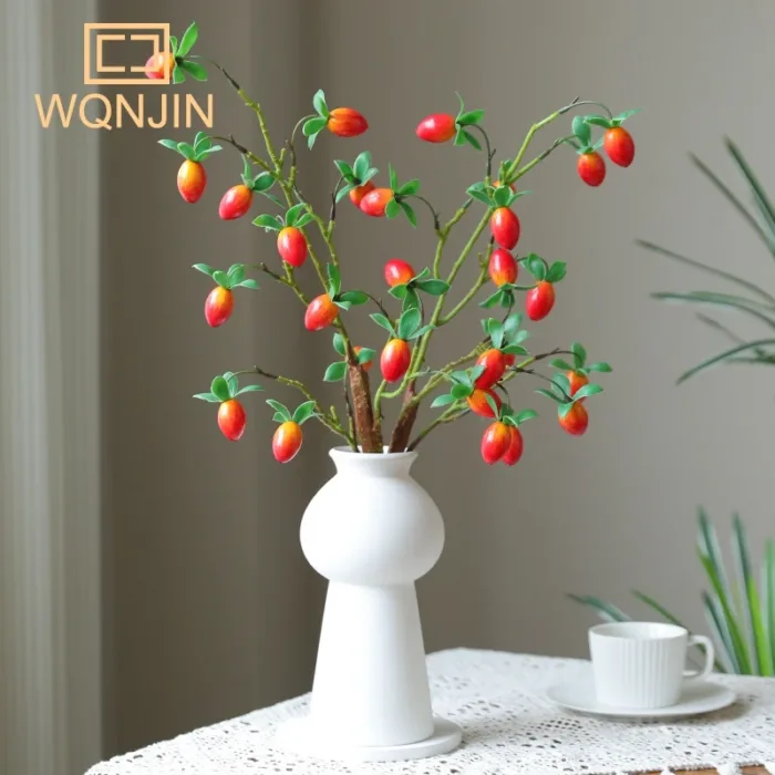 Pomegranate Branch With Leaves Red Artificial Flowers Fake Fruit Flores For Home Christma Vase Decoration Outdoor Garden - Image 2