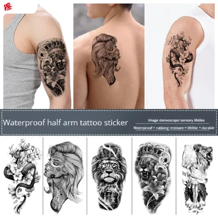 210 * 114mm Dragon, Snake, Lion Tattoo Sticker For Men And Women Black And White Color Transfer Printing Temporary Tattoos Art - Image 1