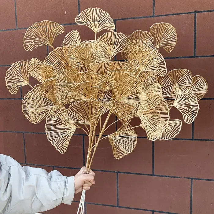 1PC Three-pronged Fan Leaf Netting Artificial Gold Ginkgo Eucalyptus Holly For Wedding Arch Flower Arrangement Home Decor Crafts - Image 1