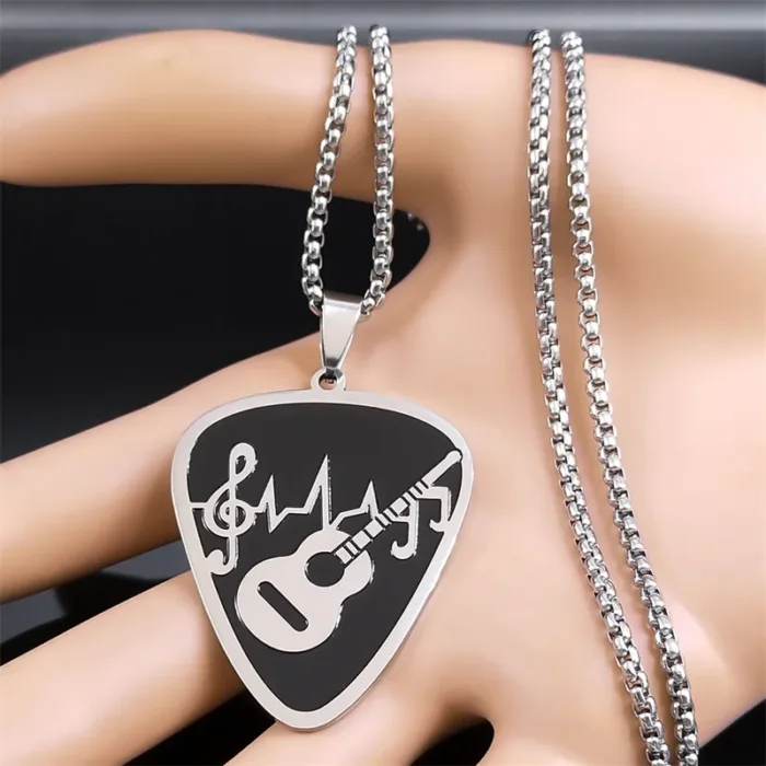 Rock Music Note Guitar Pick Necklace for Women Men Silver Color Stainless Steel Musical Symbol Chain Necklaces colares N7957S06 - Image 2