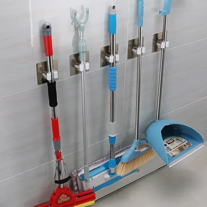 1pcs Punch-free Mop Holder Bathroom Shelf Wall-Mounted Mop Broom Hanger Self Adhesive Hooks Bathroom Storage Home Accessories - Image 1