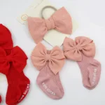 3Pcs/Set Big Bullet Bow Baby Headbands Elastic Nylon Hairbands Anti-Slip Socks Long Knee Cotton Sock 0-12M Maternity Clothing - Image 2