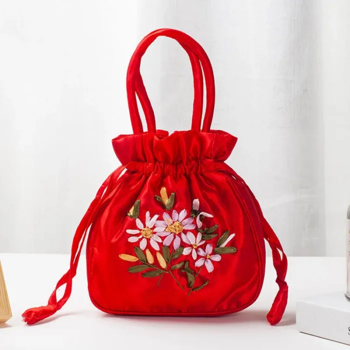 Small Women Bucket Bag Top Handle Ladies Handbag Phone Bag Summer Purse National Style Embroidered Flower Pattern Drawstring Bag - Image 14