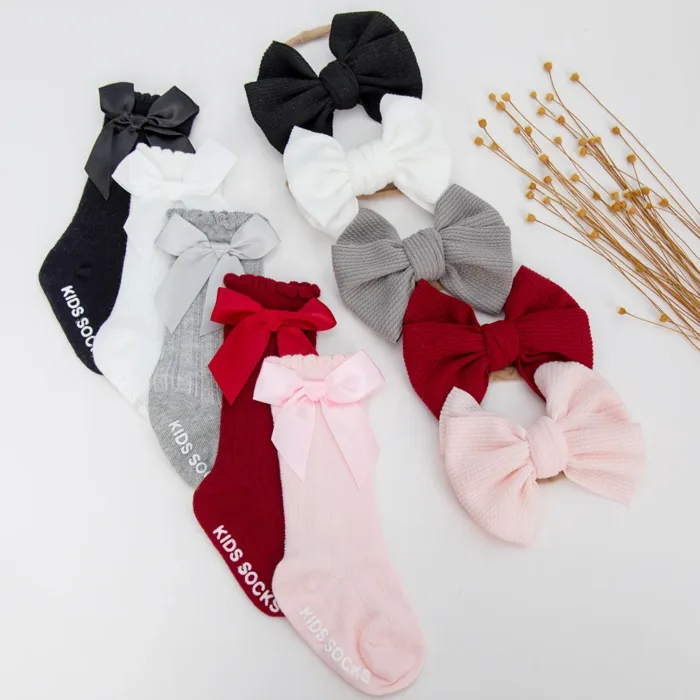3Pcs/Set Baby Cotton Knee Socks Silk Stain Hair Bow Headbands Non-slip 0-12M Long Leggings Stockings Nylon Hairbands Infant Sock - Image 1