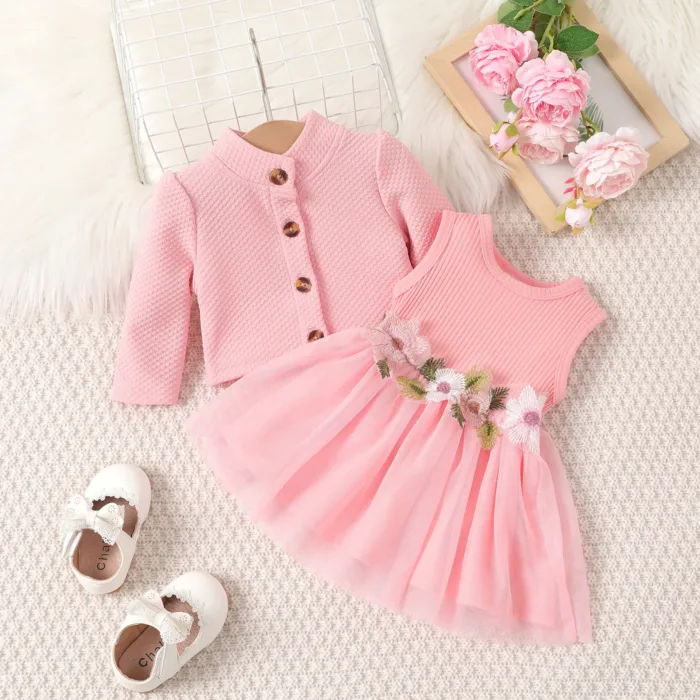 2Piece Sets Spring Autumn Newborn Girl Clothes Korean Fashion Solid Coat+Lace Flowers Princess Dress Baby Luxury Clothing BC859 - Image 2