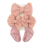 3Pcs/Set Big Bullet Bow Baby Headbands Elastic Nylon Hairbands Anti-Slip Socks Long Knee Cotton Sock 0-12M Maternity Clothing - Image 7