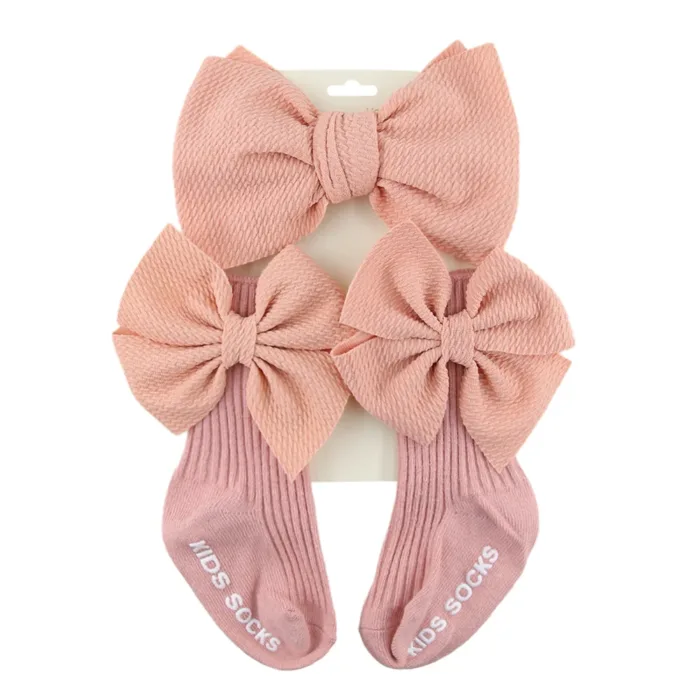 3Pcs/Set Big Bullet Bow Baby Headbands Elastic Nylon Hairbands Anti-Slip Socks Long Knee Cotton Sock 0-12M Maternity Clothing - Image 7