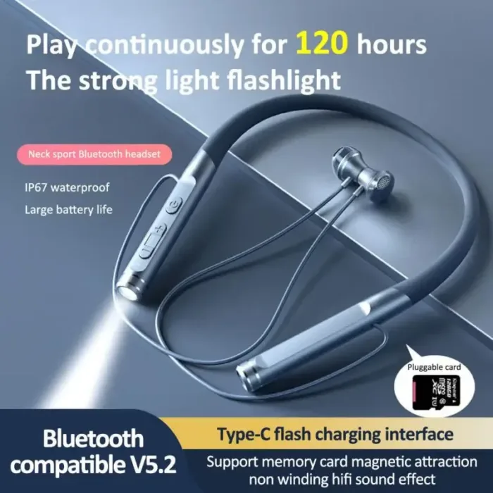 EARDECO 120 Hour Bluetooth Headphone Stereo Bass Wireless Headphones Neckband Earphones Power Flashlight Display Neck Headset - Image 1