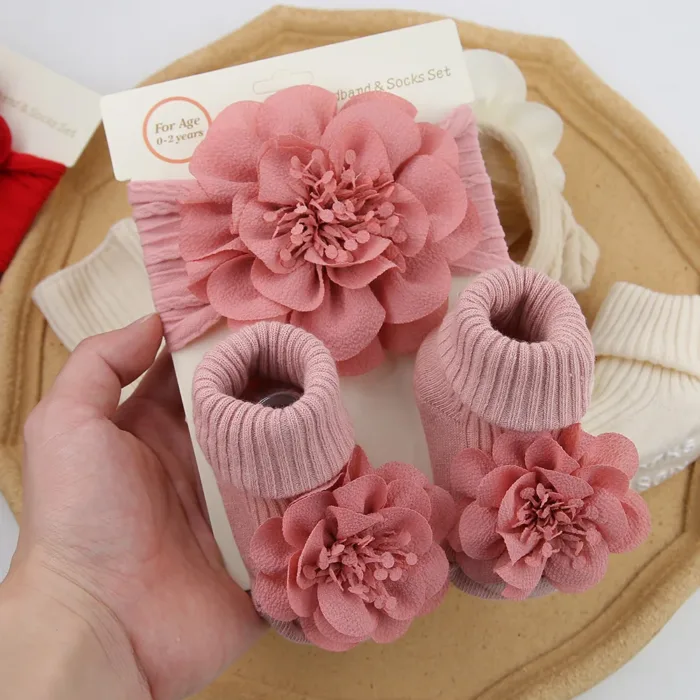 3Pcs/Set Lace Flower Baby Headbands Socks Wing Bow Cotton Non-slip Anklet 0-12M Stockings Wide Elastic Hairbands Infant Socks - Image 4