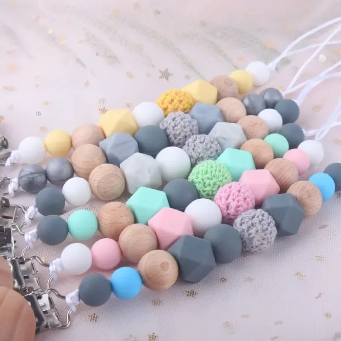 Silicone Dummy Clips Baby Pacifier Leashes & Cases  Infant Teething Toys Beech Cartoon Wooden Chewable Toy Newborn Shower Gifts - Image 1