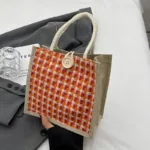 Women Woven Handbag Tote Bag Korean Style Ladies Button Handheld Linen Bags Button/Zipper Handheld Linen Bags Small Shopping Bag - Image 13