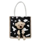 Girls Simple Cute Bear Handbag Ladies Fashion Commuter Canvas Bag Cubic Bear Decoration Canvas Material - Image 4