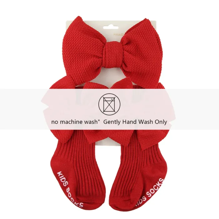 3Pcs/Set Big Bullet Bow Baby Headbands Elastic Nylon Hairbands Anti-Slip Socks Long Knee Cotton Sock 0-12M Maternity Clothing - Image 5