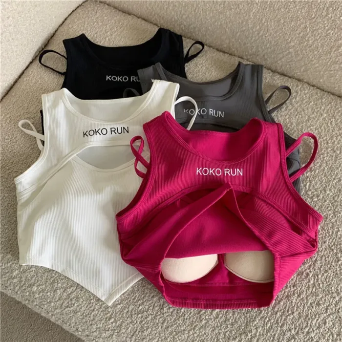 Casual Crop Tops Women Knit Irregular Tops Hollow Out Camisole Spicy Girl Outfit Female Fake Two Pieces Tank Tops with Bra Pad - Image 3