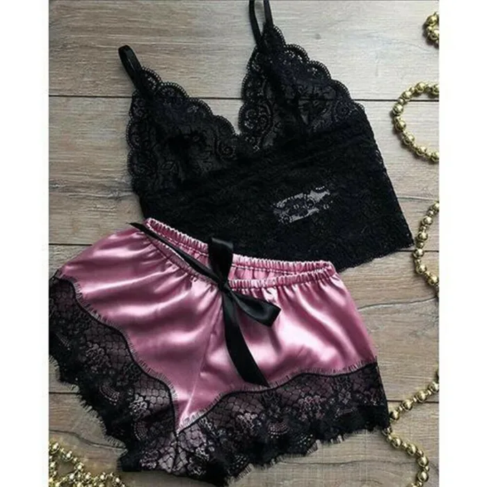 Womens Sexy Lace Sleepwear Lace Nachtkleding Lingerie Sleeveless V-Neck Babydoll Pajamas Set Lingerie Tops Shorts Set Nightwear - Image 8
