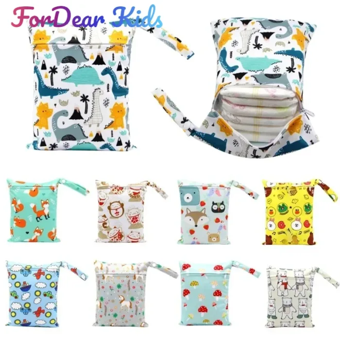 20*25cm Baby Diaper Bag Cartoon Print Wet Dry Nappy Zipper Handbag Stroller Carry Pack Travel Outdoor Wet Diaper Storage Bags - Image 1