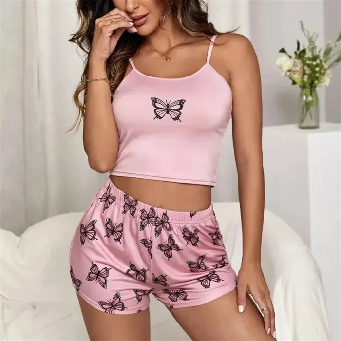 Two Piece Women's Suspender Printed Butterfly Round Neck Camouflage Top Paired with Shorts Women's Casual Pajama Set - Image 3