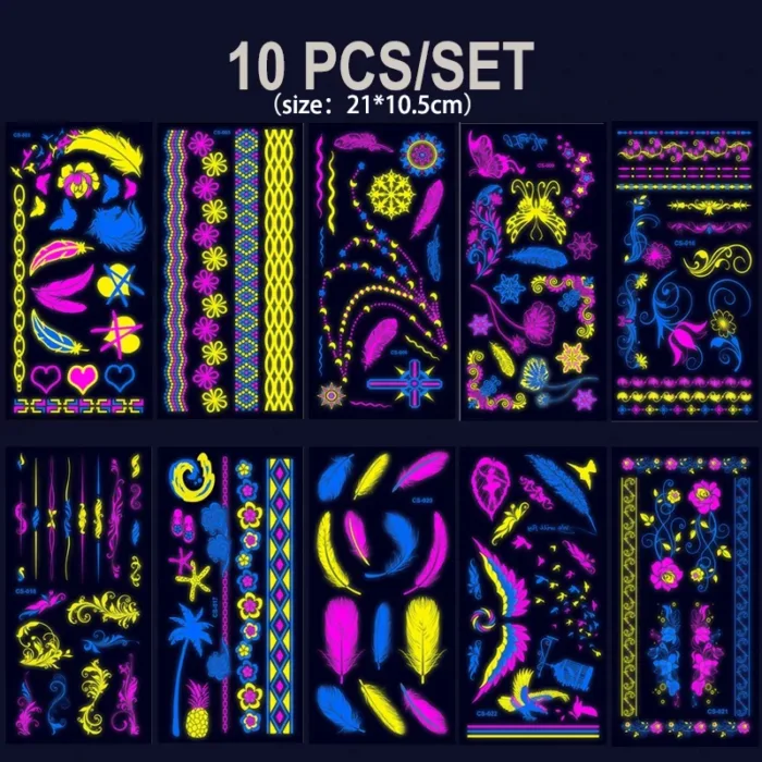 Luminous Temporary Tattoos Stickers Fluorescent Neon In Dark Illuminate Tattoo Elephant/Love Heart Shoulder Tattoo Party Sticker - Image 31