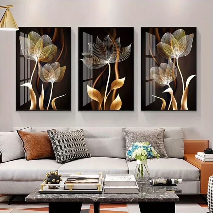 3 PCS Black and Gold Flower Wall Art Canvas Painting Living Room Decor Modern Abstract Poster Home Decor - Image 2