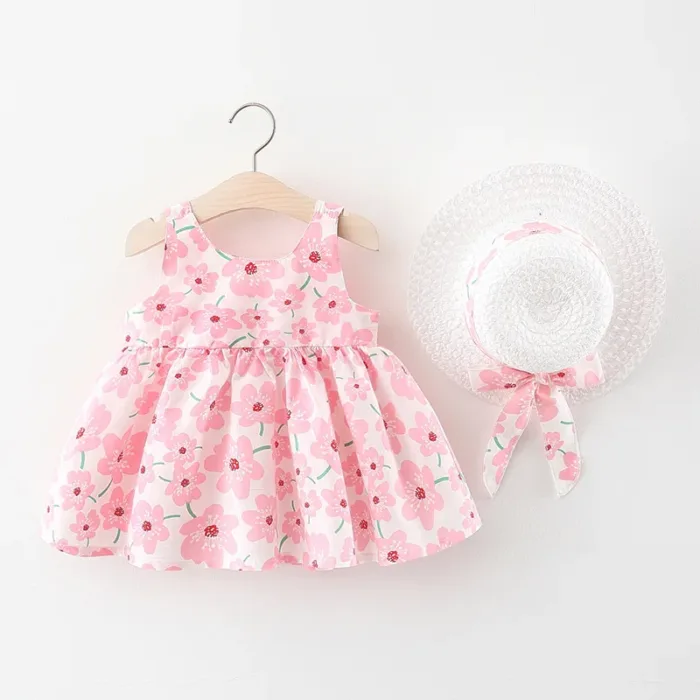 2Piece Summer Clothes Baby Girl Beach Dresses Casual Fashion Print Cute Bow Flower Princess Dress+Hat Newborn Clothing Set BC171 - Image 5
