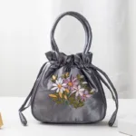 Small Women Bucket Bag Top Handle Ladies Handbag Phone Bag Summer Purse National Style Embroidered Flower Pattern Drawstring Bag - Image 11