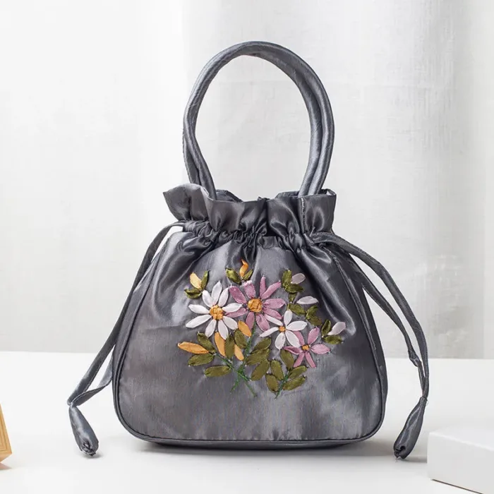 Small Women Bucket Bag Top Handle Ladies Handbag Phone Bag Summer Purse National Style Embroidered Flower Pattern Drawstring Bag - Image 11
