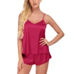 Two Piece Suit Women Pajamas Sexy Sling V Neck Sleepwear Satin Top And Shorts Splicing Lace Solid Nightclothes Female Pijama Set - Image 11