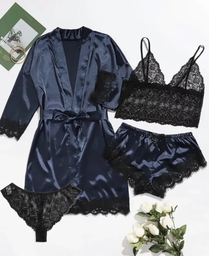 European and American women's pajamas underwear 4-piece set Lei suspender pajamas women's summer set nightgown nightgown - Image 10