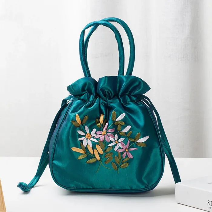 Small Women Bucket Bag Top Handle Ladies Handbag Phone Bag Summer Purse National Style Embroidered Flower Pattern Drawstring Bag - Image 10