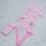 Lace Women Lingerie Set 4 Pcs Sling Open Bra Sexy Wiht Garter Panties Push Up Bra Set Erotic Transparent Underwear Net Stockings - Image 8