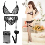 Lace Women Lingerie Set 4 Pcs Sling Open Bra Sexy Wiht Garter Panties Push Up Bra Set Erotic Transparent Underwear Net Stockings - Image 3