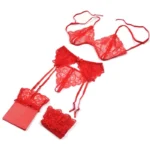 Lace Women Lingerie Set 4 Pcs Sling Open Bra Sexy Wiht Garter Panties Push Up Bra Set Erotic Transparent Underwear Net Stockings - Image 2